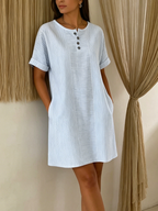 Robe Femme Coton Lin Boutonnée Coupe Ample Col Henley Élégante