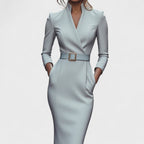 Robe Élégante Femme avec Ceinture et Col Mao