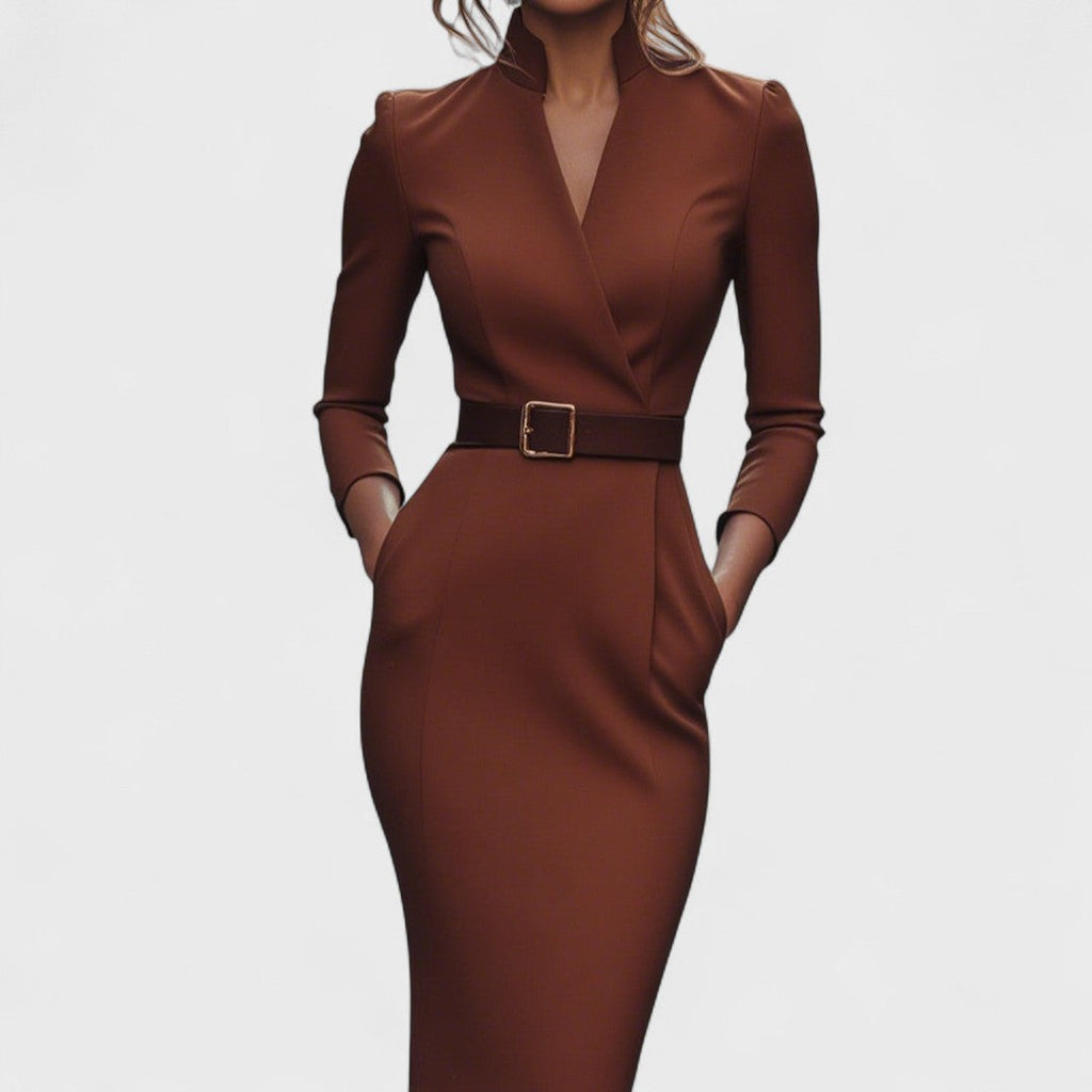 Robe Élégante Femme avec Ceinture et Col Mao