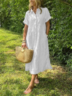 Robe femme maxi fluide boutonnée col rond manches courtes élégante été