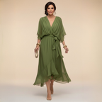 Robe Femme Chiffon Fluide Col V Coupe Élégante Ceinturée