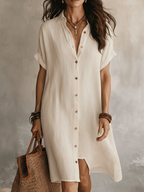 Robe Chemise Midi Femme Lin Coton Boutonnée Élégante