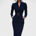 Robe Élégante Femme avec Ceinture et Col Mao