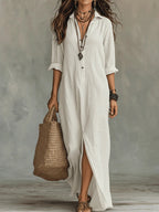 Robe Femme Longue Fluide Boutonnée Col Chemise Élégance