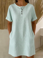 Robe Femme Coton Lin Boutonnée Coupe Ample Col Henley Élégante