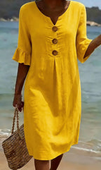 Robe Femme Coton Lin Boutonnée Manches Volantées Style Estival