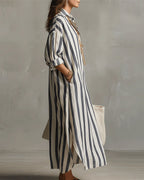 Robe femme maxi rayée fluide col revers manches longues chic décontractée