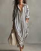 Robe femme maxi rayée fluide col revers manches longues chic décontractée
