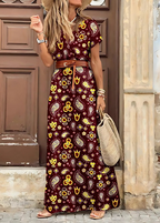 Robe femme maxi bohème fluide col V manches courtes élégante été