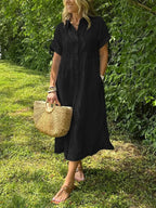 Robe femme maxi fluide boutonnée col rond manches courtes élégante été