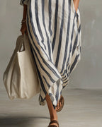 Robe femme maxi rayée fluide col revers manches longues chic décontractée