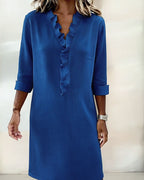 Robe Femme Col V Volants Coupe Droite Chic Décontractée