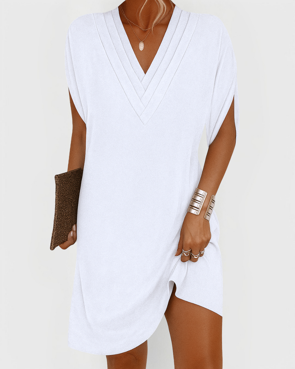 Robe femme élégante fluide col V coupe droite manches courtes été chic