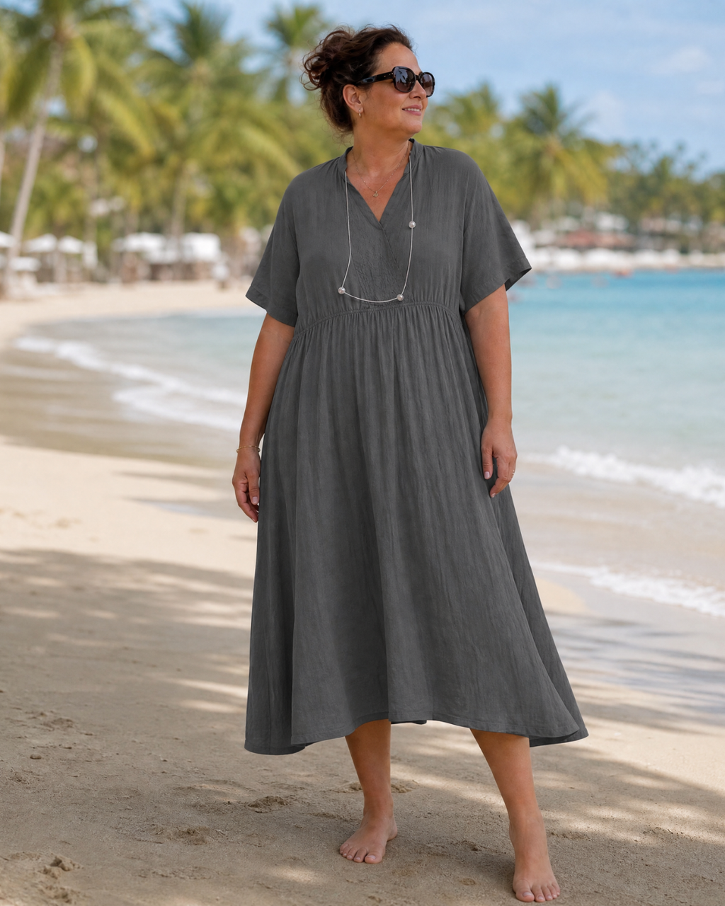 Eupherene — Robe Midi Texturée Col V Manches Courtes