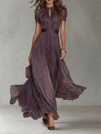 Robe Longue Femme Fluide en Chiffon Col Goutte Dentelle Coupe Élégante