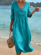 Robe Femme Coton Col V Coupe Fluide Style Décontracté Élégant