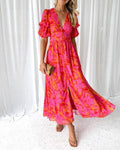 Robe Femme Longue Fluide Imprimée Col V Élégante Été