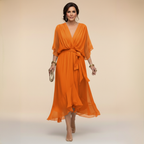 Robe Femme Chiffon Fluide Col V Coupe Élégante Ceinturée