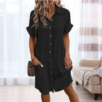 Robe femme chemise boutonnée fluide manches courtes avec poches été