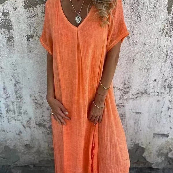 Robe femme ample coton lin col V manches courtes – décontractée été