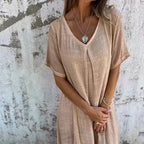 Robe femme ample coton lin col V manches courtes – décontractée été