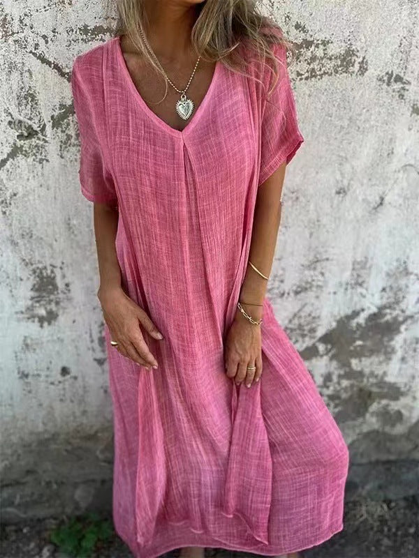 Robe femme ample coton lin col V manches courtes – décontractée été