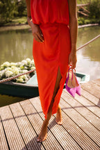 Robe femme midi sans manches à encolure haute et fente – élégante été