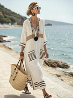 Robe Maxi Kaftan Lin Col V Rayures Contrastées Ample