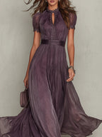 Robe Longue Femme Fluide en Chiffon Col Goutte Dentelle Coupe Élégante