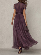 Robe Longue Femme Fluide en Chiffon Col Goutte Dentelle Coupe Élégante