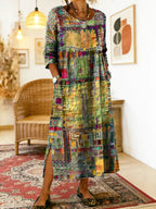 Robe Femme Denim Fluide Patchwork Ethnique pour Style Bohème et Élégant Quotidien