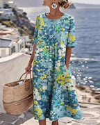 Robe Midi Femme Coton Lin Imprimé Floral Abstrait Poches Manches Courtes