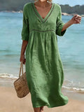 Robe Femme Coton Col V Coupe Fluide Style Décontracté Élégant