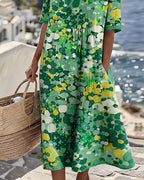 Robe Midi Femme Coton Lin Imprimé Floral Abstrait Poches Manches Courtes