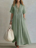 Robe Femme Maxi Fluide Col V Manches Courtes Coupe Élégante et Légère