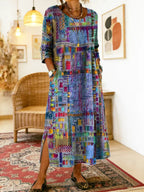 Robe Femme Denim Fluide Patchwork Ethnique pour Style Bohème et Élégant Quotidien