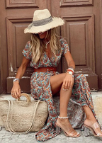 Robe femme maxi bohème fluide col V manches courtes élégante été