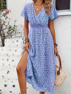 Robe Portefeuille Fleurie Bleu