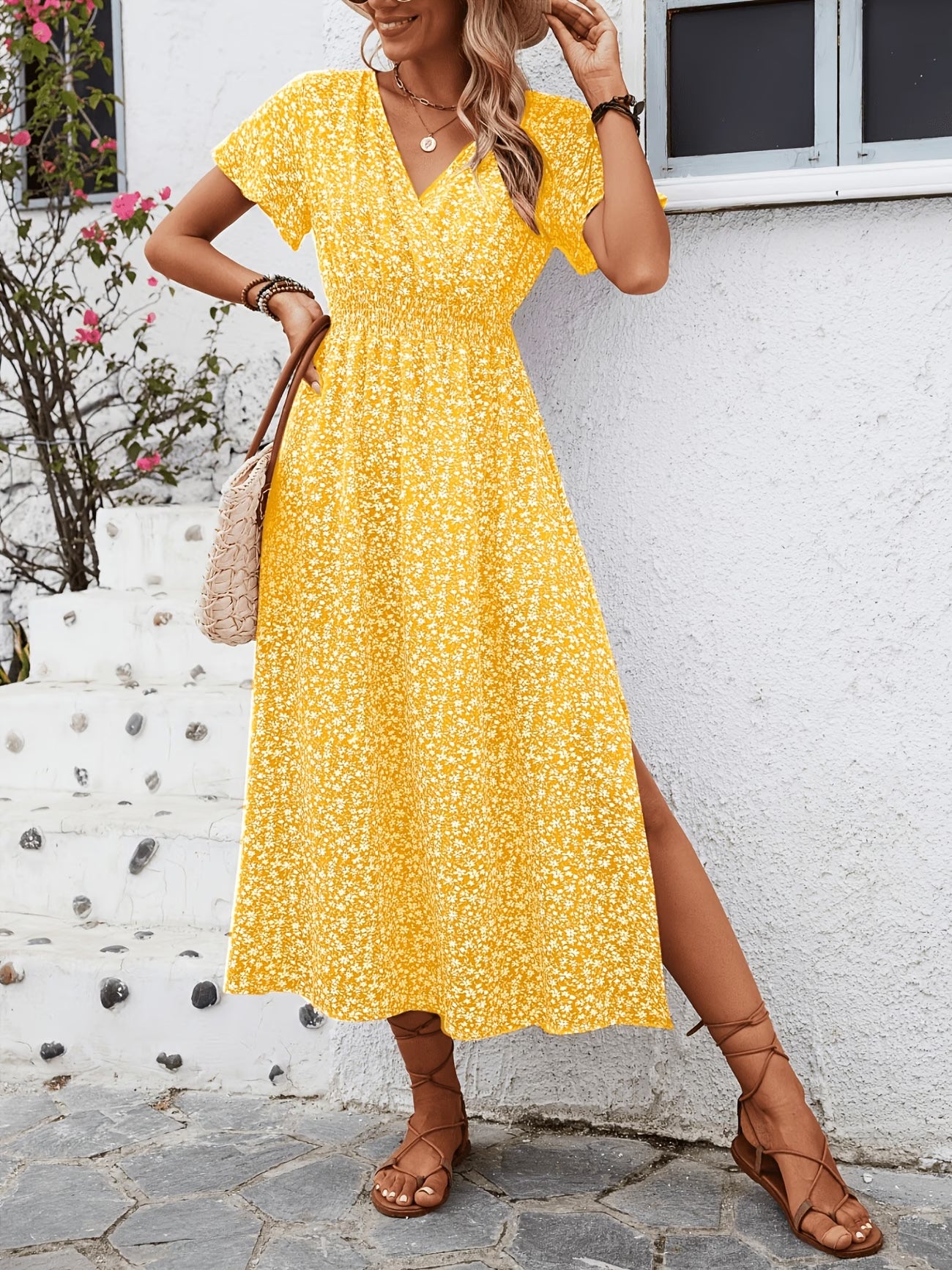 Robe Portefeuille Fleurie Jaune