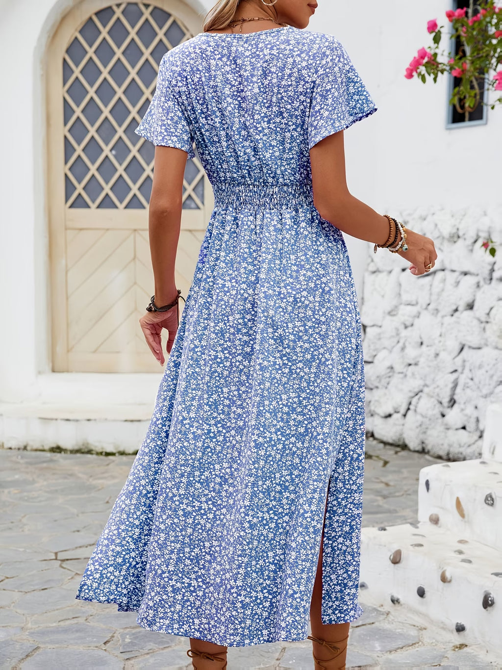 Robe Portefeuille Fleurie Bleu