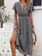 Robe Portefeuille Fleurie Noir